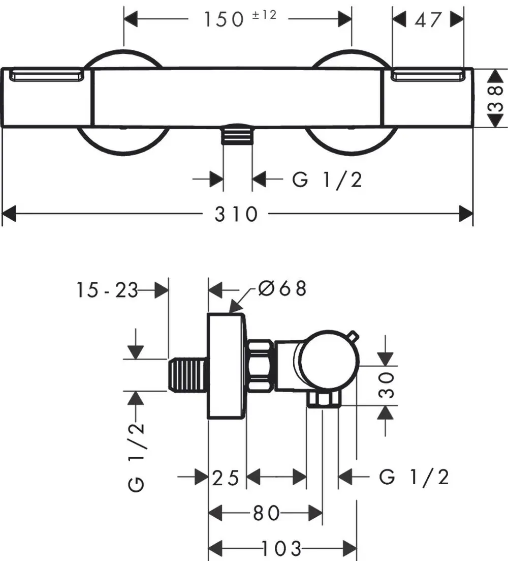 Brausethermostat in Chrom von Hansgrohe, dargestellt in technischen Zeichnungen mit Abmessungen und Anschlussdetails, einschließlich G 1/2 Gewinde.